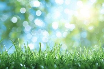 Fototapeta premium Vibrant spring field with lush green grass and clear blue sky. Artistic backdrop featuring soft focus and room for words