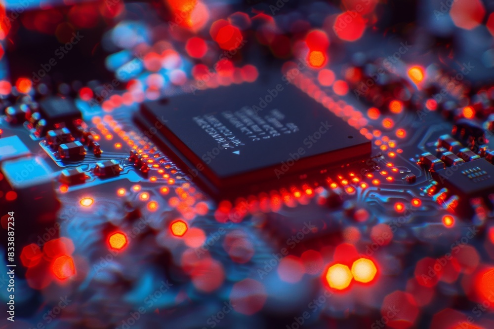 Aufkleber close-up of a high-tech microchip with neon lights, highlighting the intricate details of modern sem