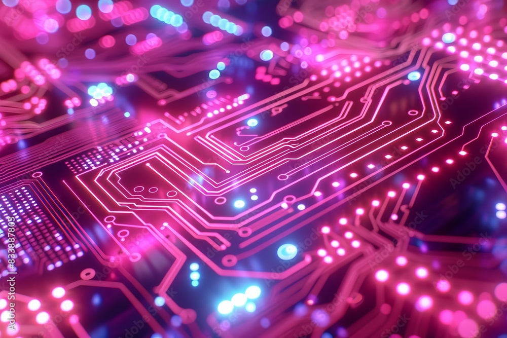 Poster abstract close-up of a circuit board in pink and purple hues, emphasizing the vibrant and dynamic na