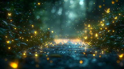 A magical nighttime scene with twinkling fireflies scattered across a dark, mysterious forest backdrop, soft glow of fireflies, ethereal and enchanting, high contrast, hd quality.