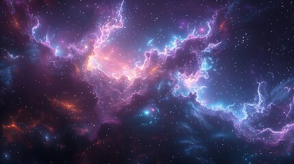Fototapeta premium A mesmerizing abstract space scene, stars twinkling in a nebula, vibrant blues and purples blending together, ethereal light scattering through cosmic dust, intricate patterns, vivid colors.