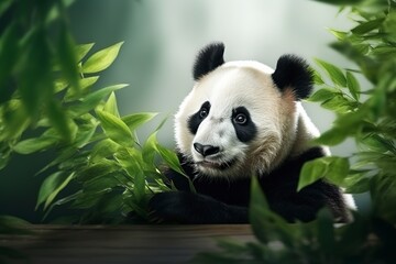 Obraz premium giant panda eating bamboo, generative ai