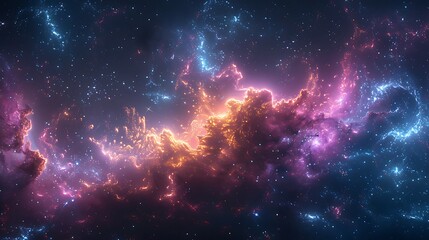 Naklejka premium A mesmerizing abstract space scene, stars twinkling in a nebula, vibrant blues and purples blending together, ethereal light scattering through cosmic dust, intricate patterns, vivid colors.