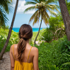 Obraz premium Rear view of a young tourist girl enjoying amazing beauty of tropical nature, active life on exotic island