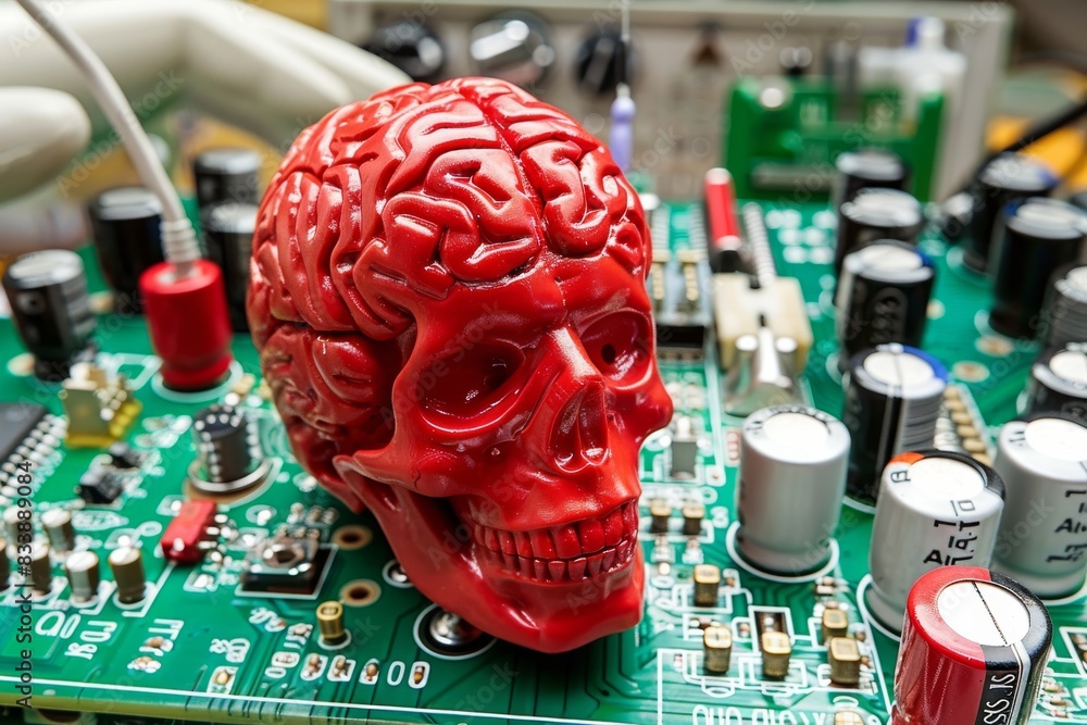 Poster human skull with brain displayed on a circuit board, representing the integration of human intellige
