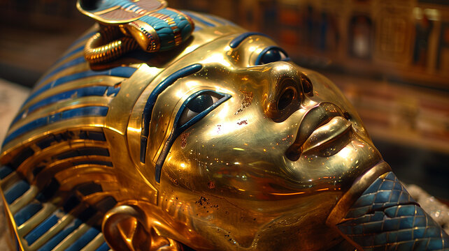 Detailed close-up of King Tutankhamuns iconic golden burial mask, featuring intricate craftsmanship with blue lapis accents in a museum setting.
