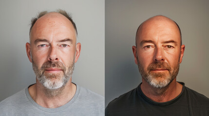 Before and after hair transplant: a man who was losing his hair now has a full head of hair.