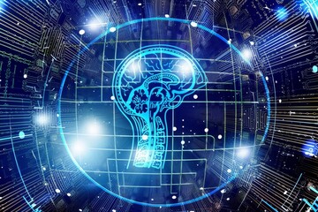 Abstract digital brain with circuit patterns, representing the fusion of human cognition and artificial intelligence in a modern, futuristic design.
