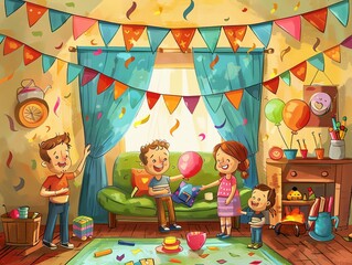Happy children celebrate a birthday with cake, balloons, and confetti in a brightly decorated room.