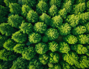 Aerial top view of summer green trees in forest