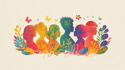 Artistic Pride month poster with Happy Pride Month on a background of white with a sweeping rainbow gradient It showcases varied silhouettes celebrating racial and size diversity