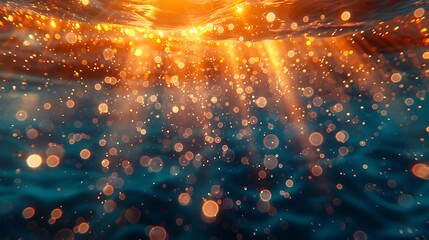 A vibrant abstract underwater scene, sunlight filtering through water, twinkling on the surface, deep blues, serene and captivating, ethereal light effects, high contrast, hd quality.