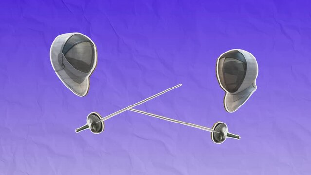 Two sports fencers wearing protective masks compete with rapiers and try to hit each other. Fencing concept. Stop motion animation in Cardboard style on blue paper background