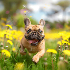 Fototapeta premium French Bulldog running through a field of dandelions on a sunny day