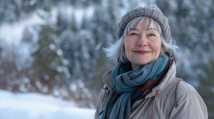 Fototapeta premium Embracing the Golden Years: A Joyful Senior Woman Hiking Through Scenic Winter Mountains