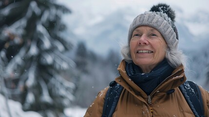 Fototapeta premium Embracing the Golden Years: A Joyful Senior Woman Hiking Through Scenic Winter Mountains