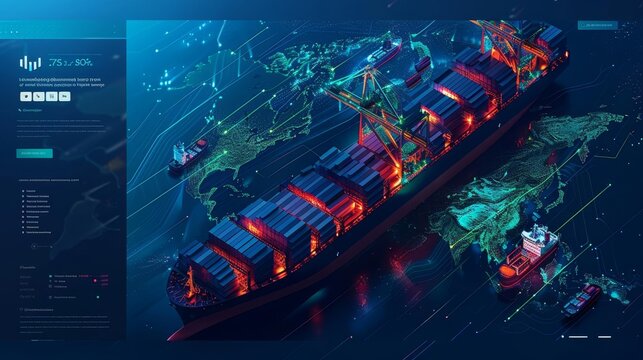 website design Behance visual and layout for a global shipping company, high definition, minimalist, strong lines, deep blue and gentle mint green palette