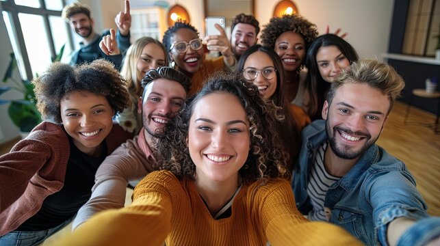 Multicultural Happy People Taking Group Selfie Portrait in Office, Diverse Team Celebrating Together, Showcasing Happy Lifestyle and Teamwork Concepts