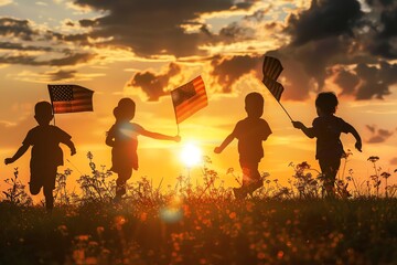 A silhouette of children running with American flags against a sunset backdrop, capturing the spirit of freedom