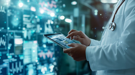 A doctor using a tablet to review a patient's electronic health records in a digital healthcare environment