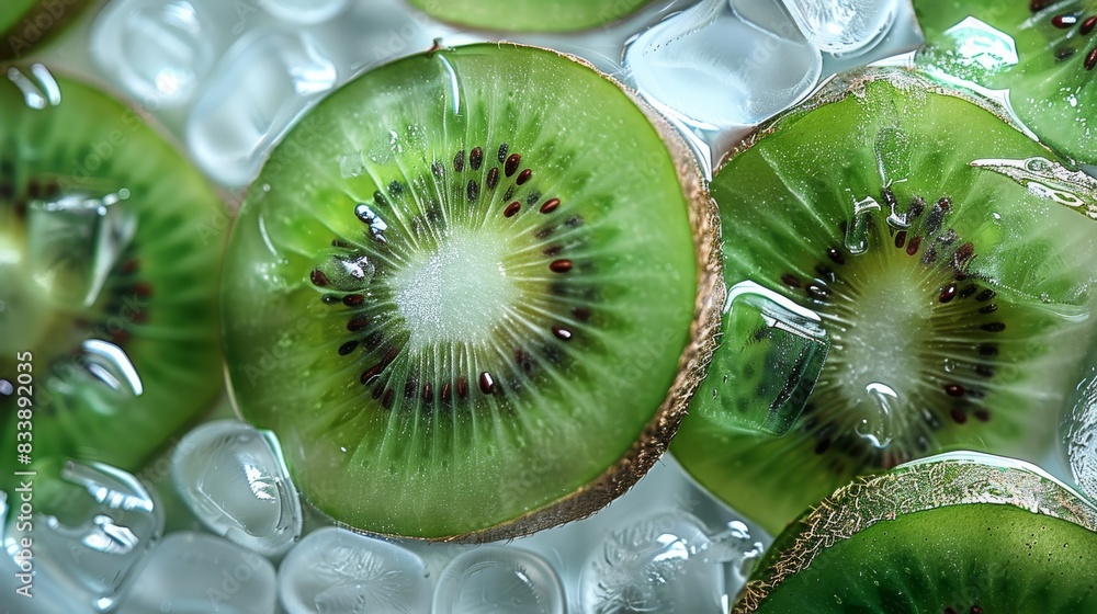 Aufkleber green kiwi slices in ice, with a transparent and glassy texture, top view. generative ai.
