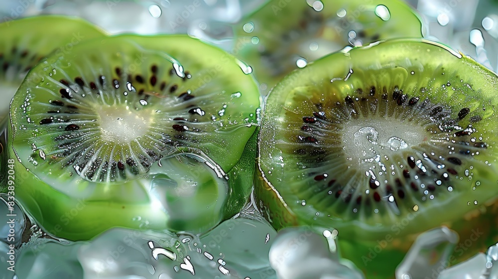 Aufkleber green kiwi slices in ice, with a transparent and glassy texture, top view. generative ai.