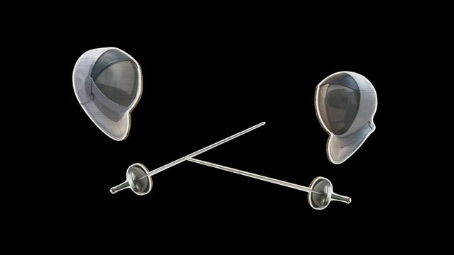 Two sports fencers wearing protective masks compete with rapiers and try to hit each other. Fencing concept. Stop motion animation in Cardboard style on transparent background