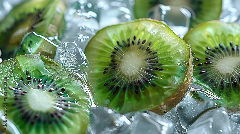 Aufkleber green kiwi slices in ice, with a transparent and glassy texture, top view. generative ai.