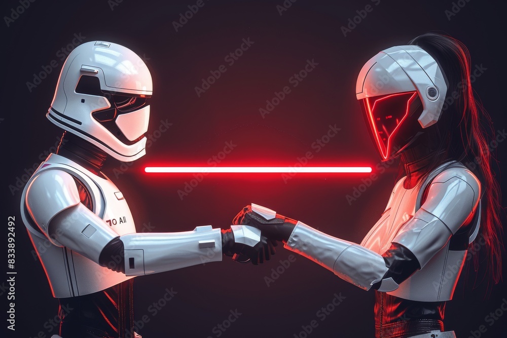 Poster two robots engaging in a duel with laser swords, representing futuristic combat and advanced robotic