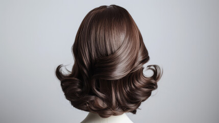 Fototapeta premium Brown wig on a white mannequin with wavy curls, displayed on a white background.