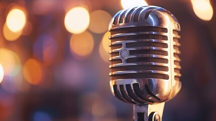 Vintage microphone with a warm bokeh background captures the essence of classic entertainment and performance.