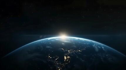 Fototapeta premium A captivating view of the Earth from space with the sun cresting the planet's horizon, casting a glow over the continents below. 