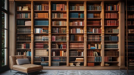 Large bookshelf filled with various books in a cozy room with a comfortable beige chaise lounge 