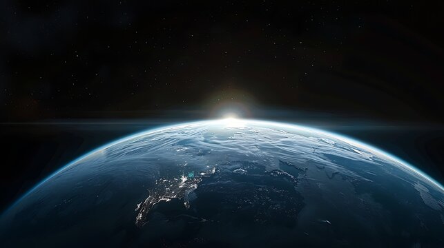 A breathtaking view of Earth from space showcasing the planet's curvature with a sunrise on the horizon and city lights below.