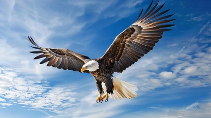 Obraz premium A majestic Bald Eagle soars through a blue sky with clouds.
