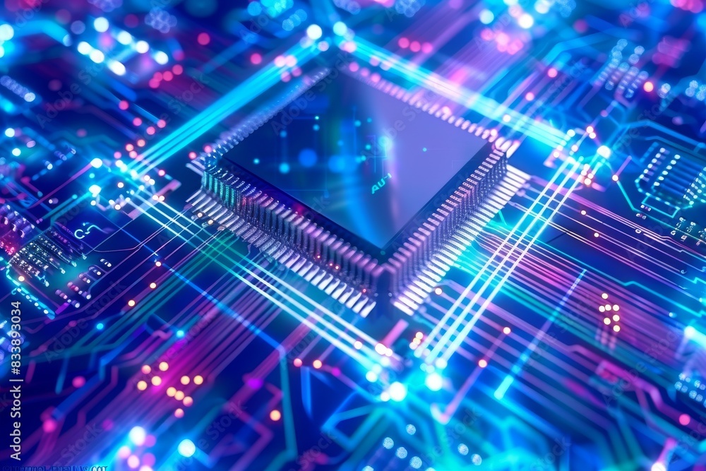 Aufkleber close-up of a high-tech microprocessor with neon lights, symbolizing digital innovation and modern t