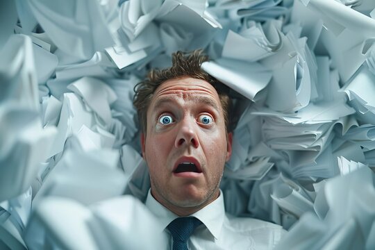 young scared salesman in a wordl of business He is overwhelmed by paper, sheets and other office stuff super realistic