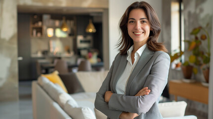 Confident European woman real estate agent stands proudly in a spacious open-concept living area, with stylish furniture and contemporary decor, radiating expertise and approachabi