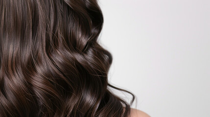 Fototapeta premium Brunette hair with loose waves cascading down on a white backdrop, showcasing its transformation from growth to fullness.