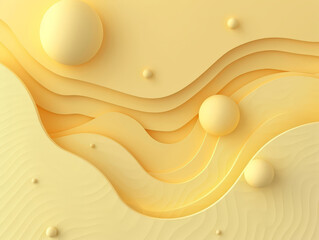 Minimalistic yellow background with smooth layers and 3D spheres, creating an elegant abstract design.