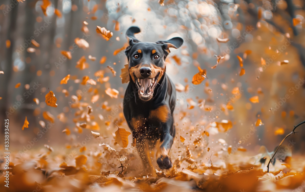 Poster doberman pinscher running through autumn leaves in a forest with a joyful expression