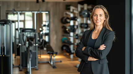 Fototapeta premium Confident European woman real estate agent stands proudly in a state-of-the-art fitness room with various exercise equipment, radiating expertise and approachability, ready to assi