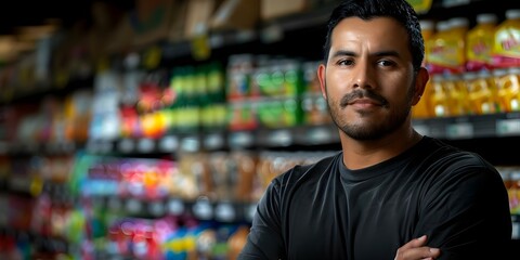 Dedicated Hispanic Retail Worker Stocking Shelves in Supermarket: Candid Portrait. Concept Retail Worker, Hispanic, Supermarket, Stocking Shelves, Candid Portrait