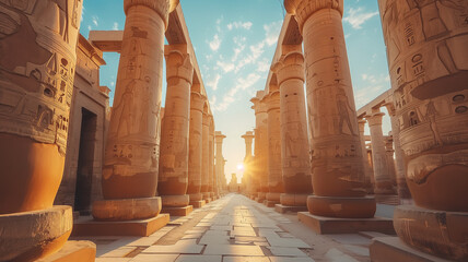 The setting sun illuminates the majestic columns of an ancient Egyptian temple in Luxor, highlighting intricate carvings and historic architecture.