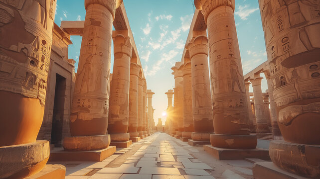 The setting sun illuminates the majestic columns of an ancient Egyptian temple in Luxor, highlighting intricate carvings and historic architecture.