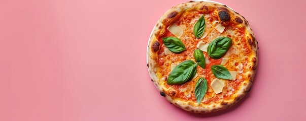 Single pizza slice with basil on a pink background