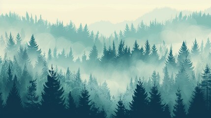 Vintage Misty Fir Forest Landscape Background, Wallpaper, Generative AI