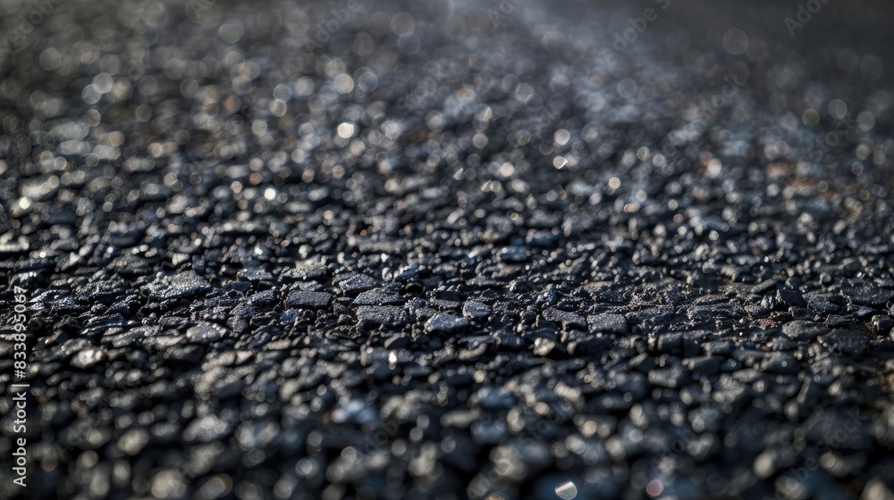 Poster detailed close up of bitumen texture on asphalt surface photograph showing panoramic view with road 