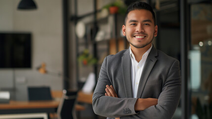 Smiling elegant confident young professional Latino Hispanic businessman, embodying success and determination, standing in a sophisticated office environment