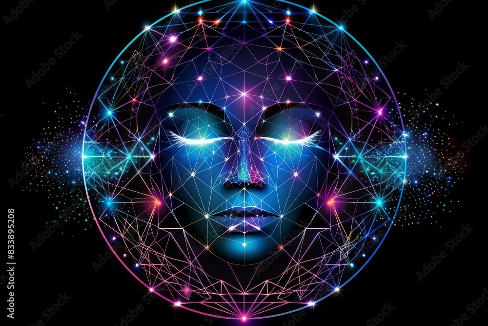 Poster abstract face made of interconnected digital nodes and glowing lights, symbolizing ai and network in